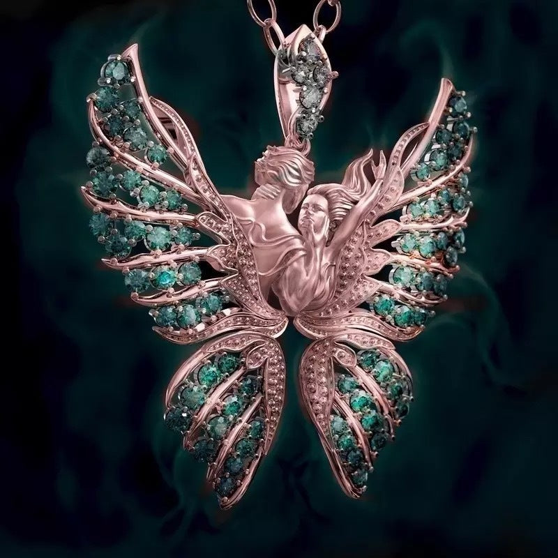 Angel Wings With Diamond Butterfly Necklace Lovers Pendant