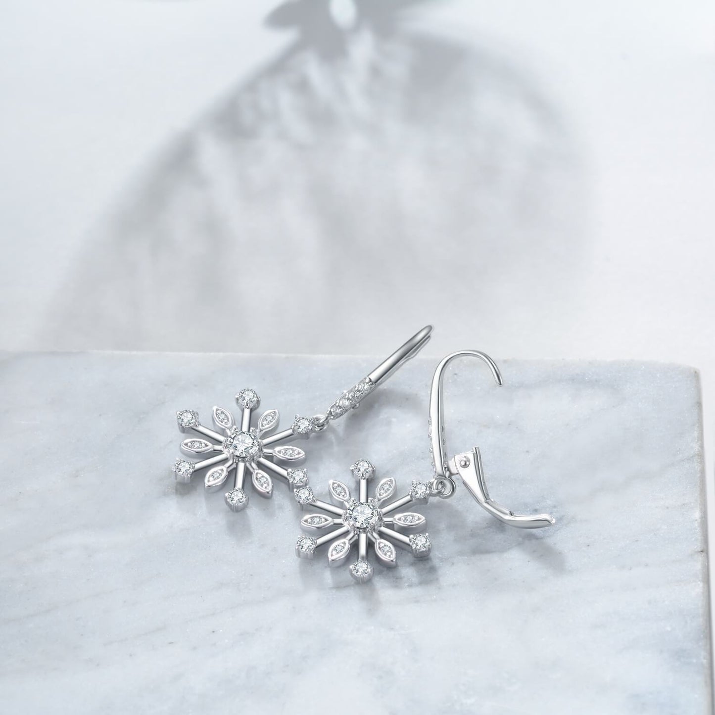 Sterling Silver Zirconia Snowflake Leverback Dangle Drop Earrings Jewelry