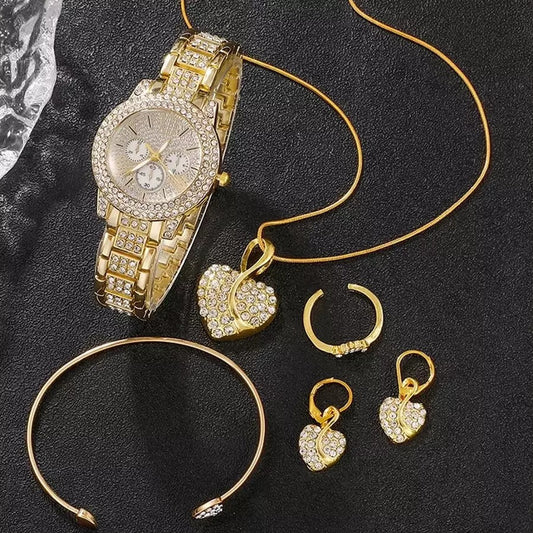Gold Boho Ring Set & Full Diamond Watch Suit