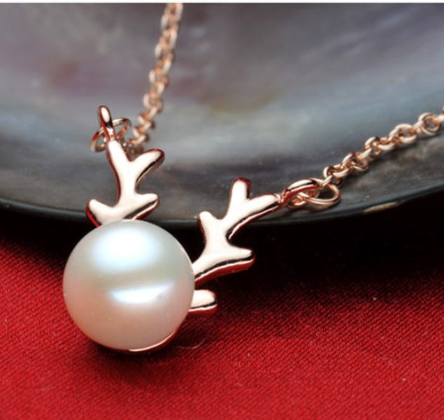 Deer Horn 14k Rose Gold Pearl Necklace