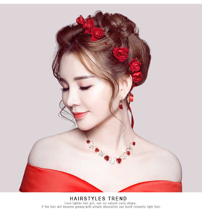 New Korean bridal jewelry necklace, earring, red rose necklace set, Wedding Toasting dress, accessories