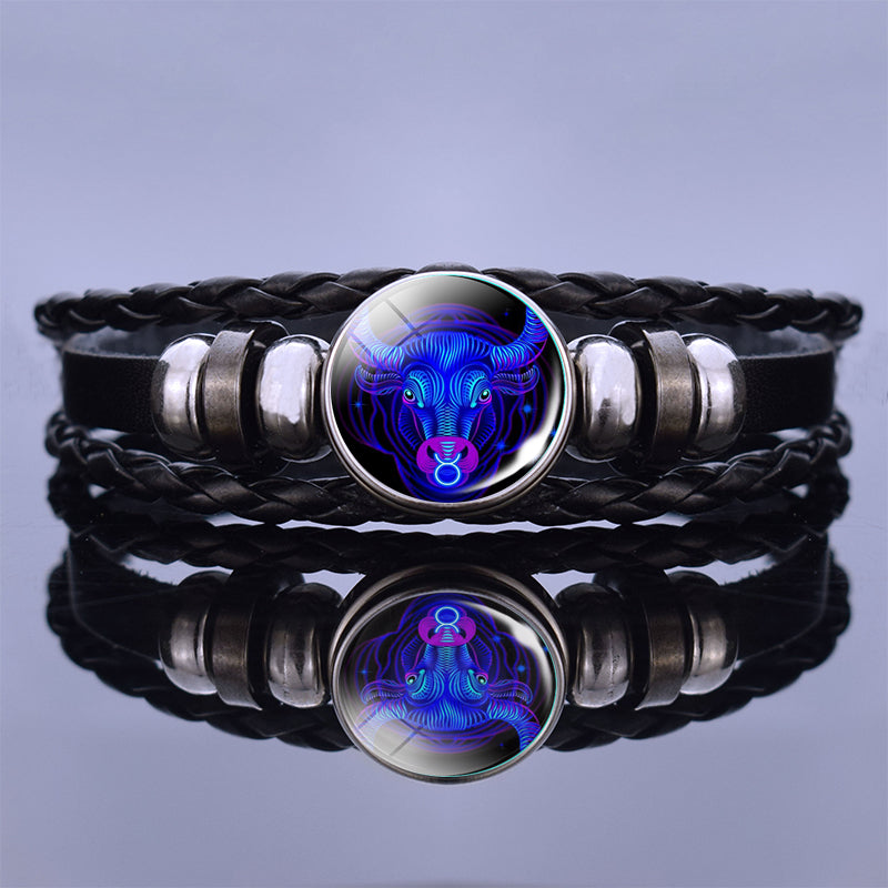 Luminous Twelve Constellation Couple Bracelet  Black Leather Bracelet