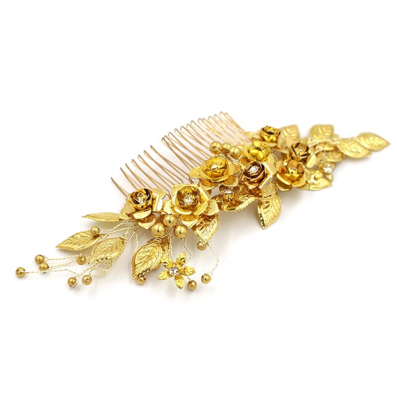 Brass Leaves And Flowers Handmade Pearl Crystal Bridal Hair Comb