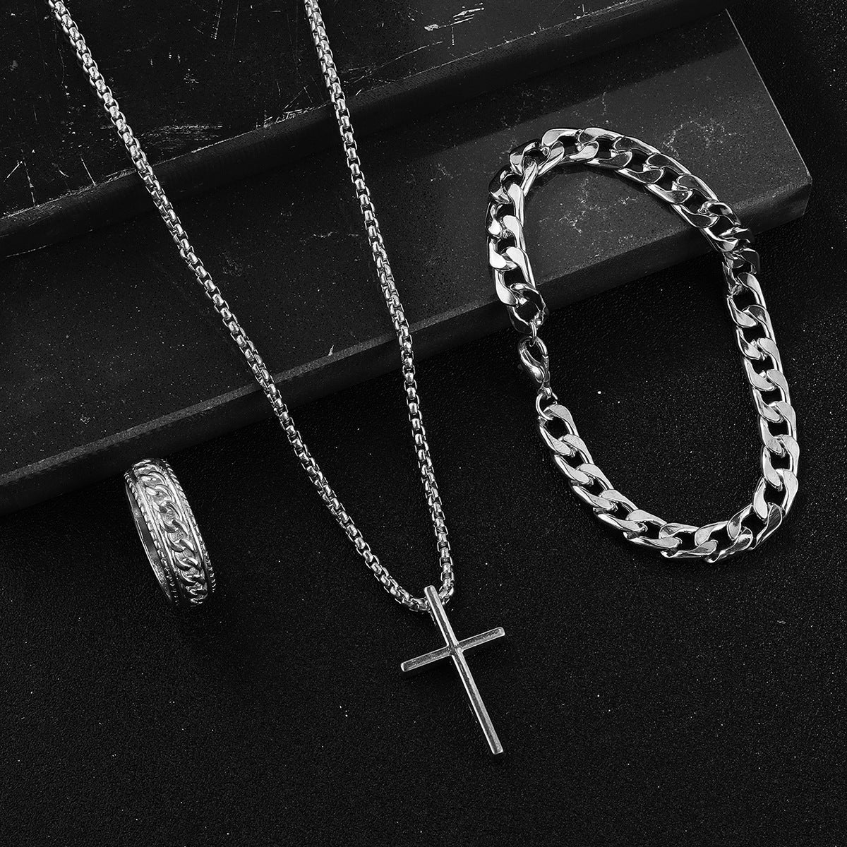 Men's Cross Necklace, Ring & Bracelet Suit