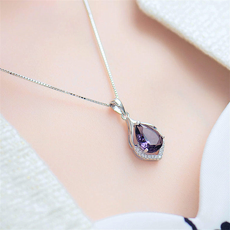 European And American Style New Colored Gems Water Drop Pendant Clavicle Chain