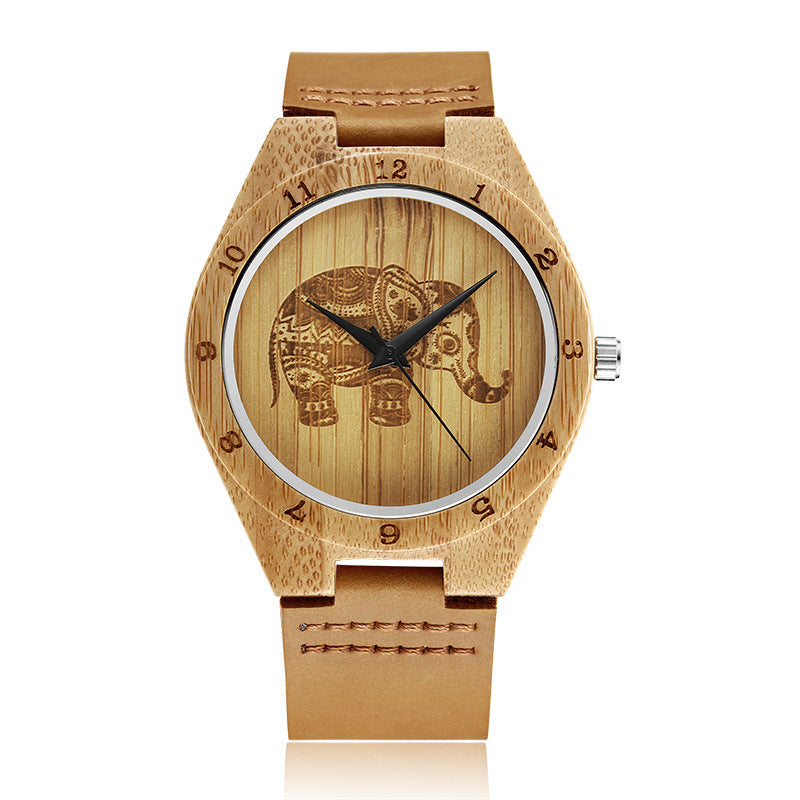 Classic Elephant Leather Retro Simple Bamboo Wood Quartz Watch