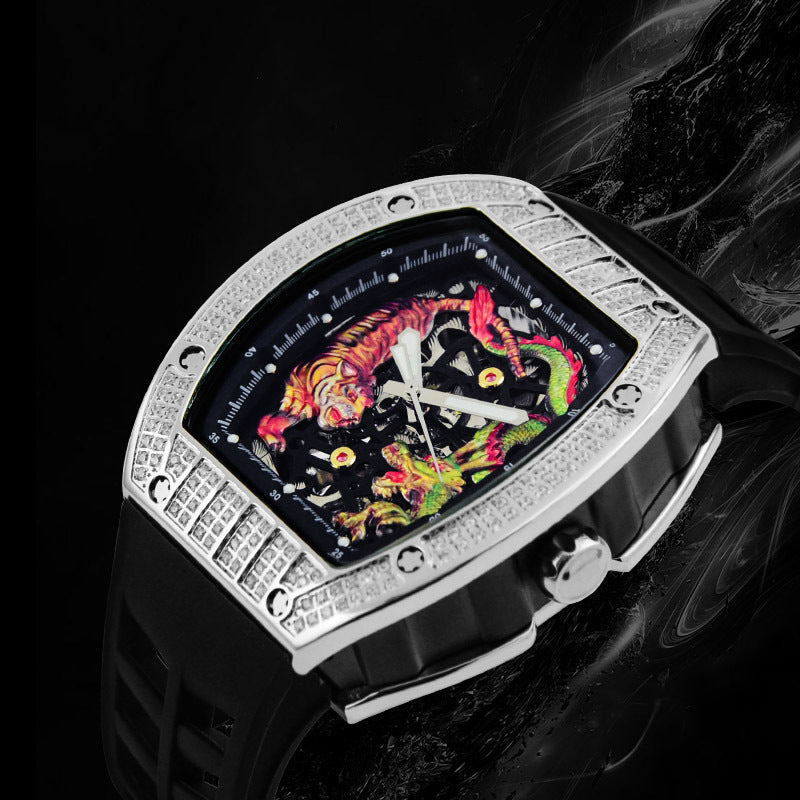 Men's Fashion Casual Automatic Mechanical Dragon Tiger Diamond-embedded Watch