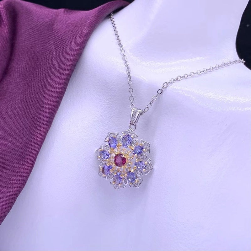 Natural Tanzanite Pendant 925 Silver Inlaid Diamond Necklace