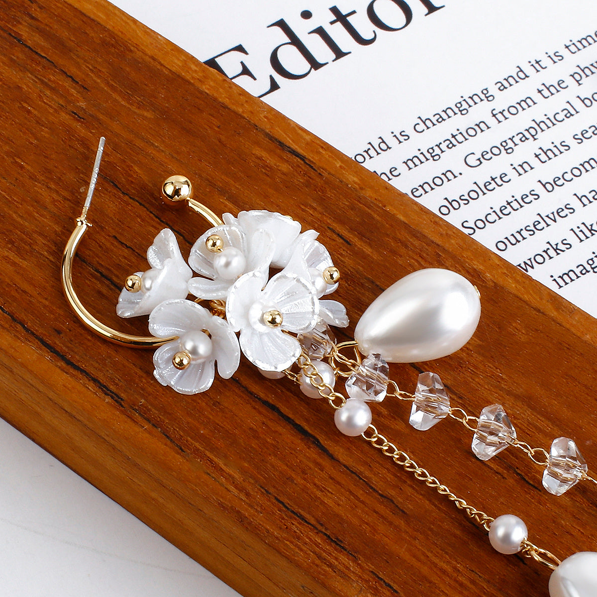 Simulated Pearl & Crystal Flower Petal Drop Earrings