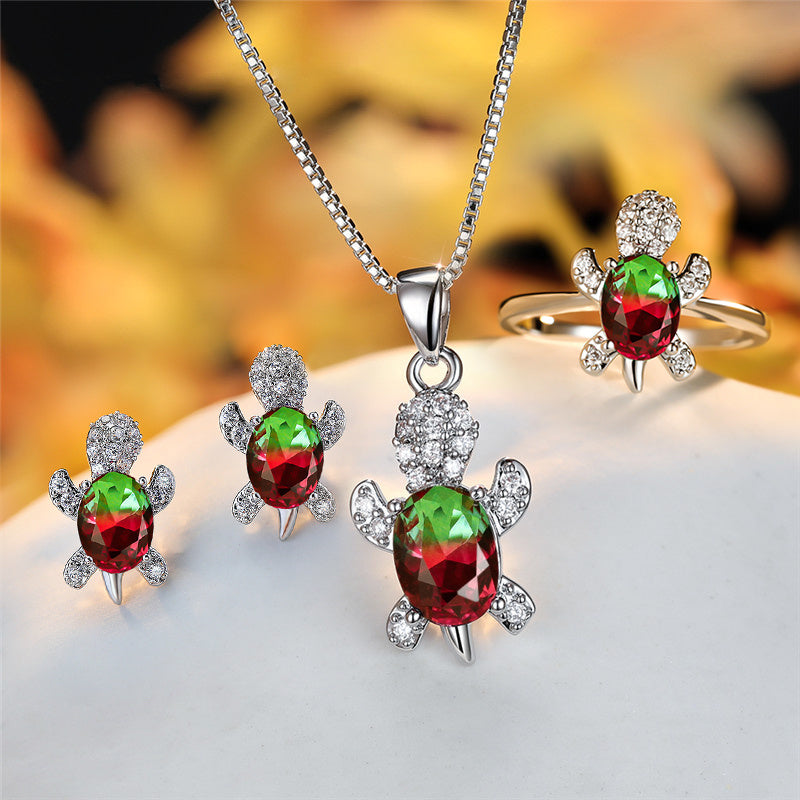 Elegant Oval Zircon Turtle Necklace with Rainbow Stone