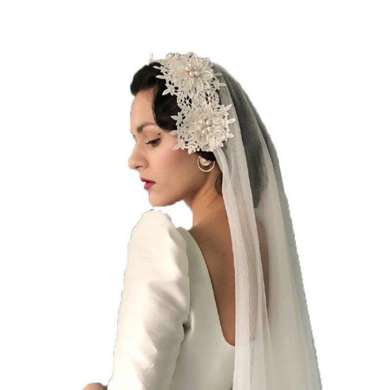 Retro Simple Lace Pearl Short Double Veil