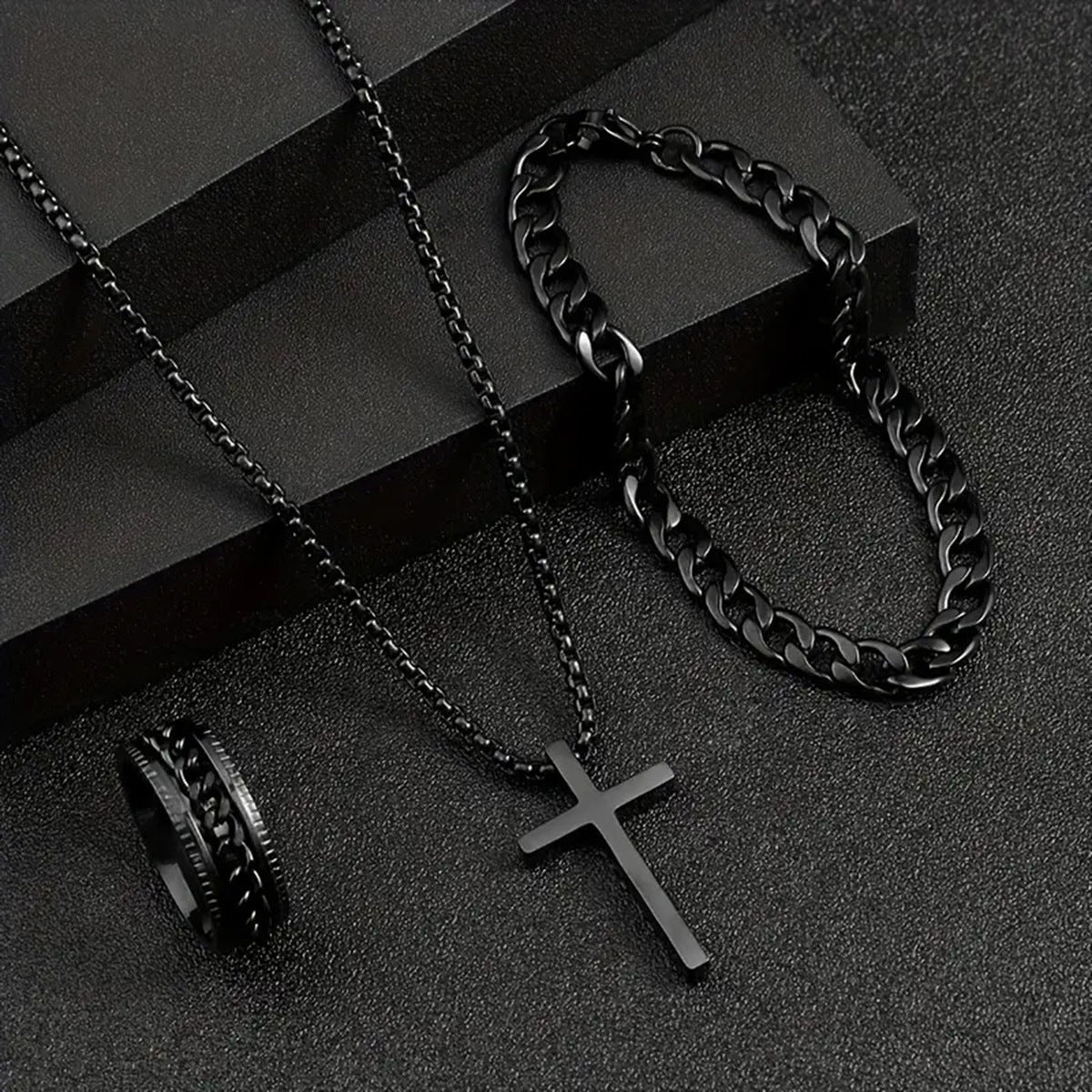 Men's Cross Necklace, Ring & Bracelet Suit