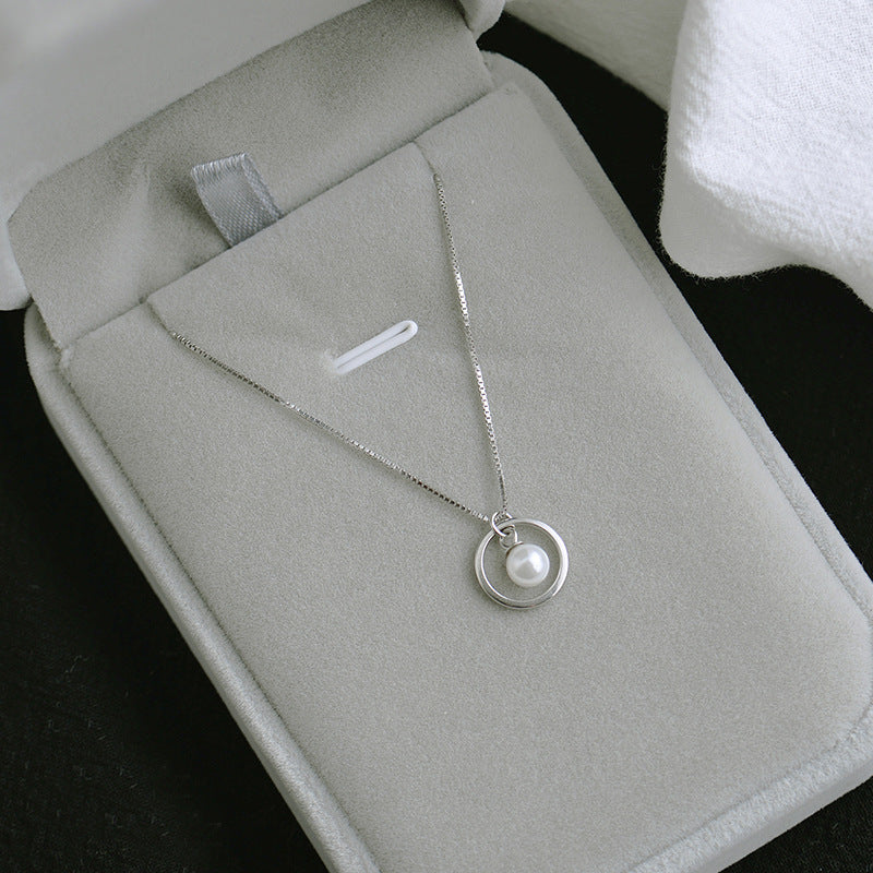 S925 sterling silver circle pearl necklace female Korean simple light bulb clavicle chain short sweet gas 7252