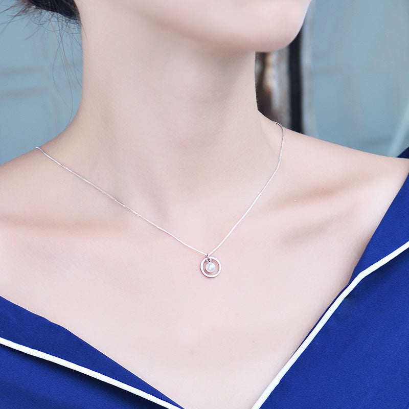 S925 sterling silver circle pearl necklace female Korean simple light bulb clavicle chain short sweet gas 7252