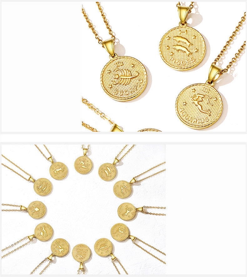Zodiac sign gold coin engraved necklace