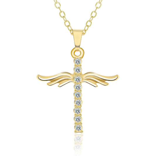 Simple Cross Diamond Angel Wings Pendant