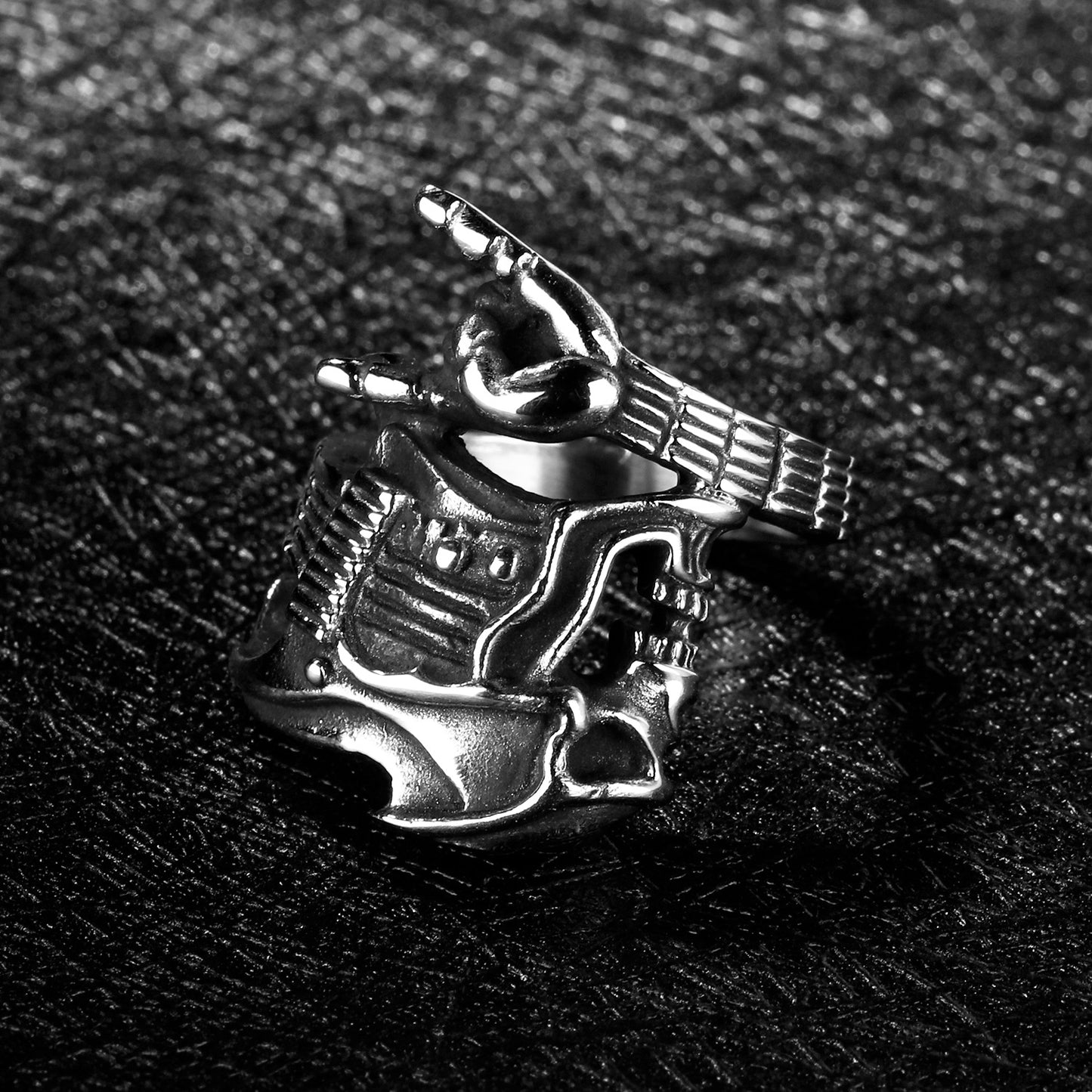 Titanium steel men's ring fashion rock hip hop skull guitar victory gesture instrument single ring