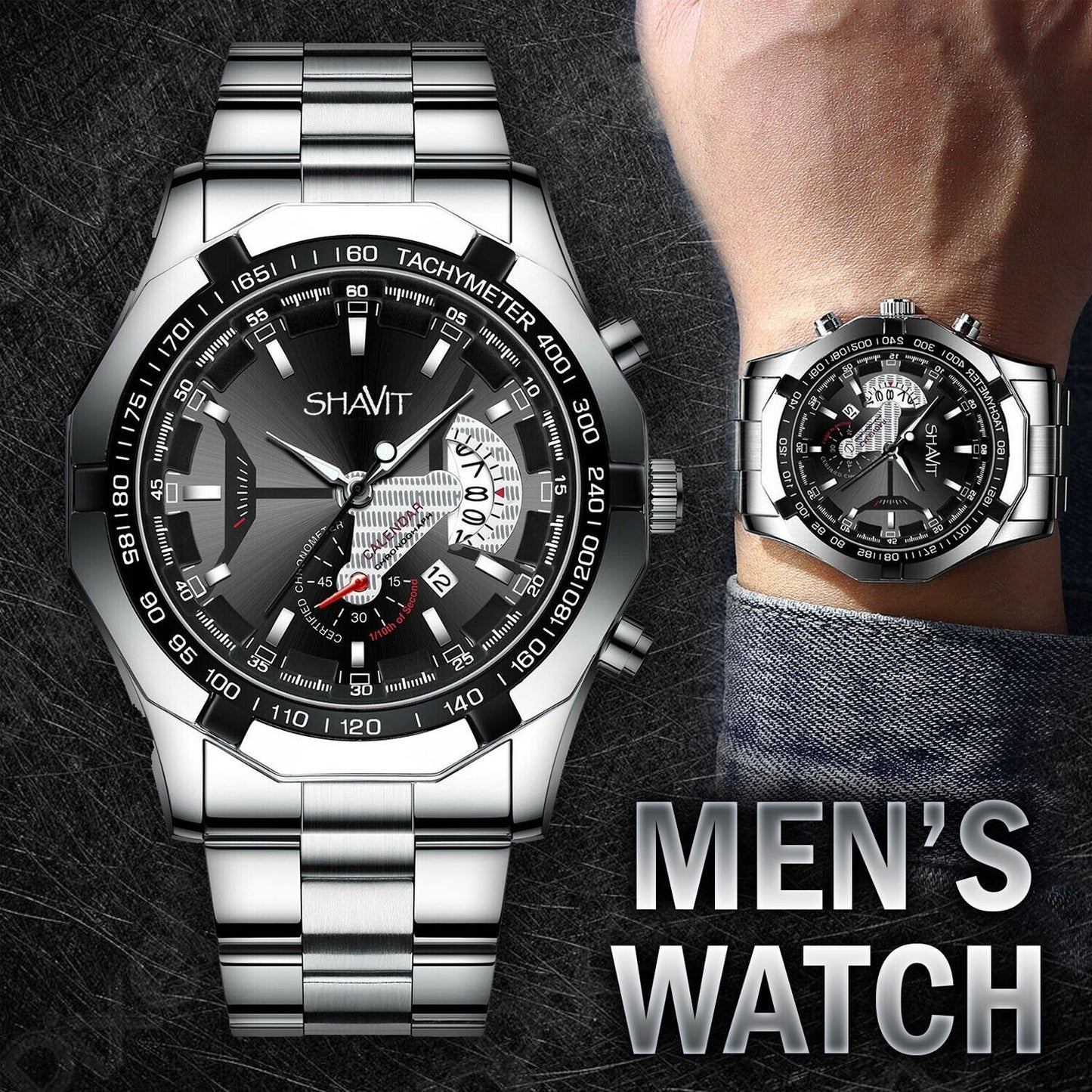 Men's Quartz Watch Stainless Steel Analog Waterproof Business Wristwatch Fashion