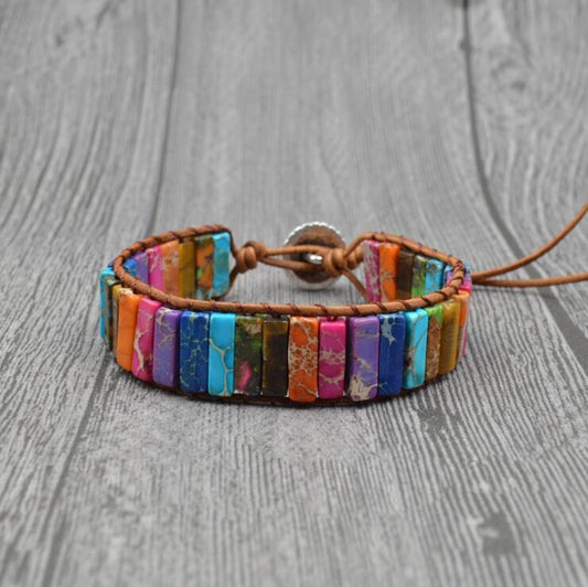 Chakra Bracelet Jewelry Handmade Multi Color Natural Stone Tube Beads Leather Wrap Bracelet Couples Bracelets Creative Gifts