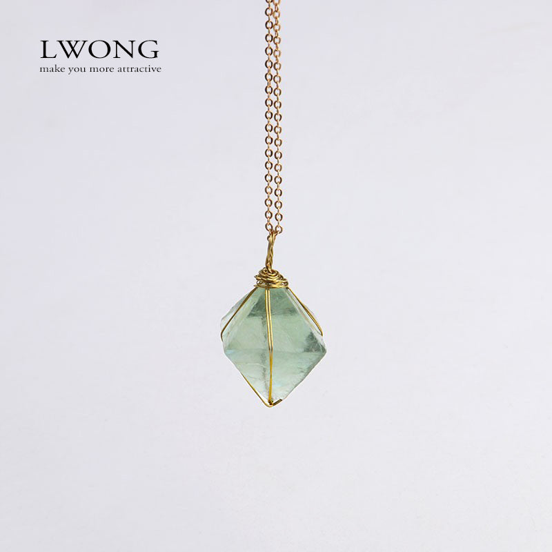 Gold Wire Wrapped Octahedron Green Fluorite Pendant Necklace Natural Stone Jewelry Healing Chakra Gem Necklace Unique Gift