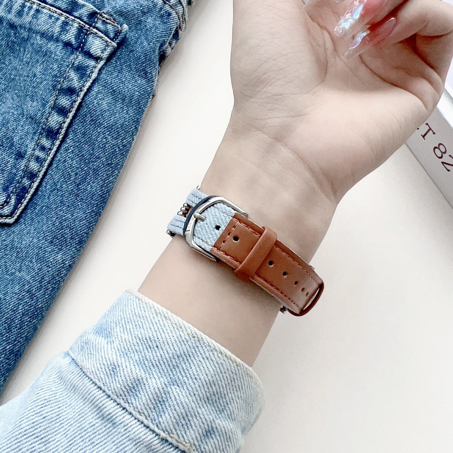 Smart Watch Metal Buckle Stitching Denim Leather Watch