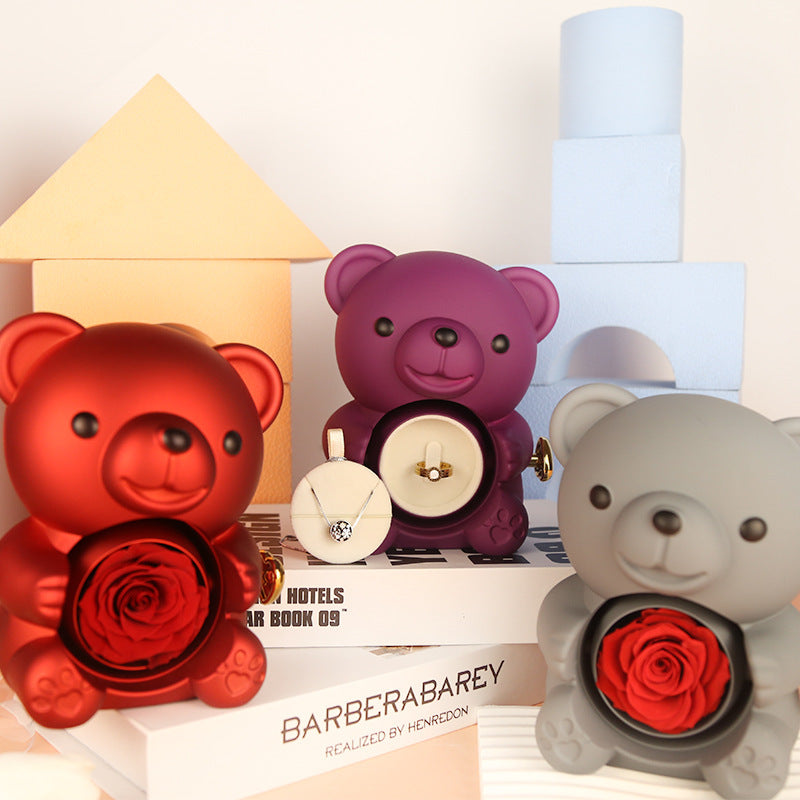 Eternal Rose Teddy Bear Gift Box with Rotating Jewelry Drawer