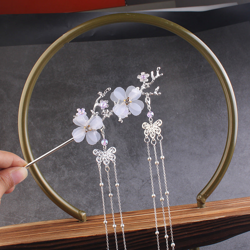 Ancient Style Hair Accessories Hanfu Plum Blossom Branch Tassel Hairpin White Flower Drill