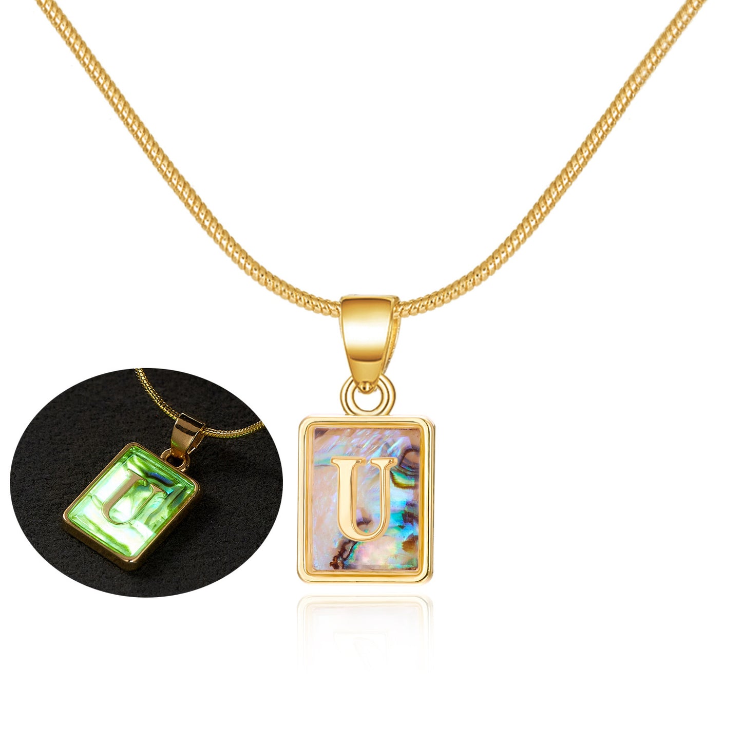 26 Letter Square Necklace Colorful Shell Luminous Pendant Chain Necklace For Women Temperament Ladies Jewelry