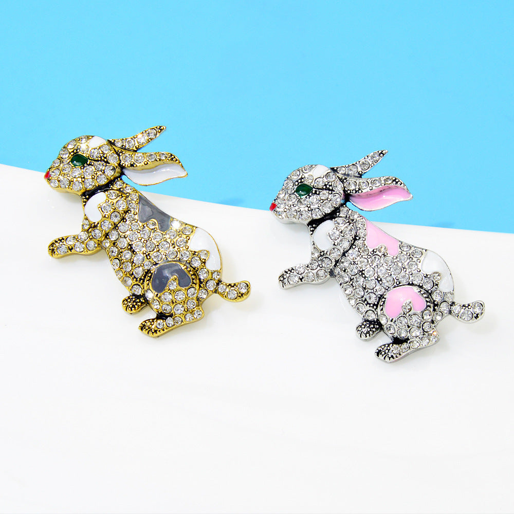 Diamond Rabbit Brooch Enamel Cute Cartoon Pin Small Animal Clothing Zodiac Design Corsage Niche