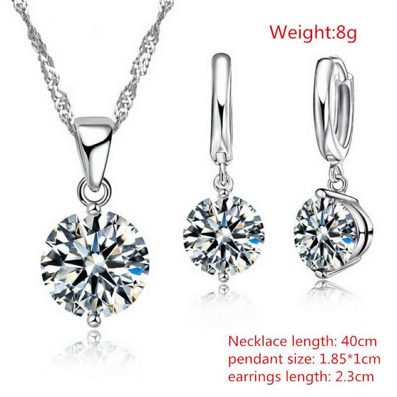 Sterling Silver Pendant Necklace Earrings Set Fashion Jewelry Trendy Style Austrian Crystal Women Engagement Colours