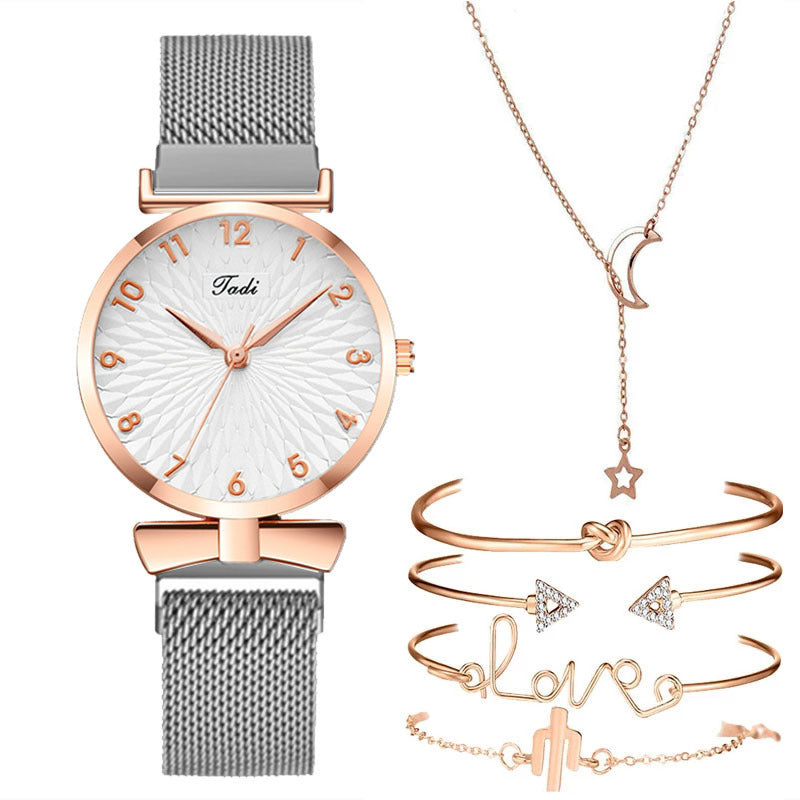 Casual Gift Set Women Disc Mesh Belt Quartz Watch Bracelet Bangle Set 6pcsset