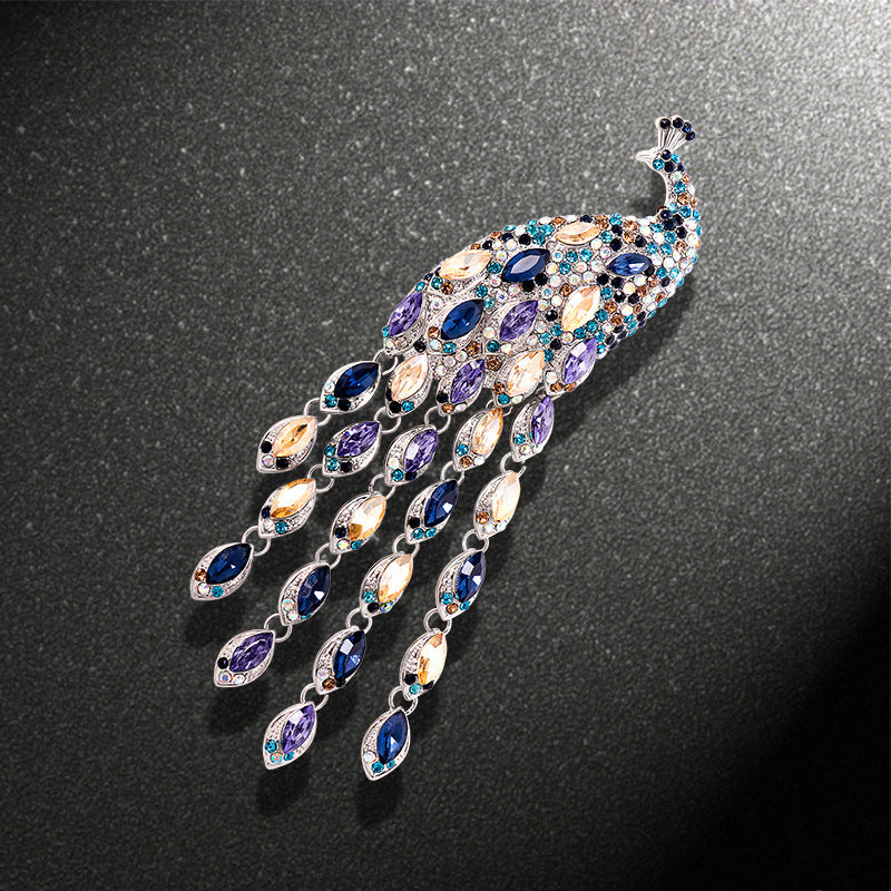 Retro Large Long Tail Crystal Peacock Tassel Brooch