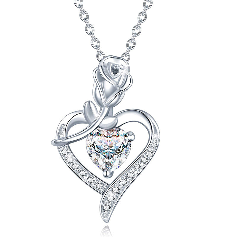 925 Silver Heart-shaped Rose Zircon Necklace