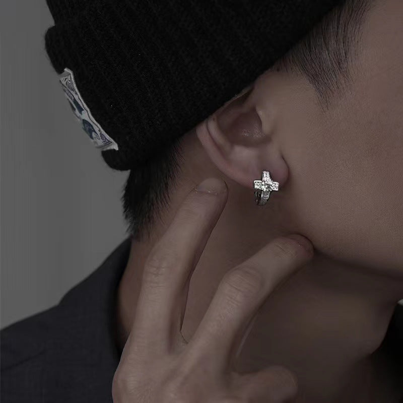 Cross Earrings Men's Diamond-encrusted Zircon Hip Hop