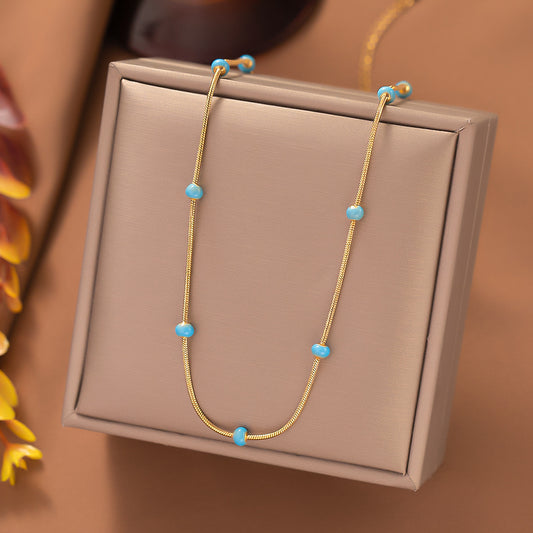 Chic 18K Gold Plated Stainless Steel Enamel Blue Bead Snake Chain Necklace