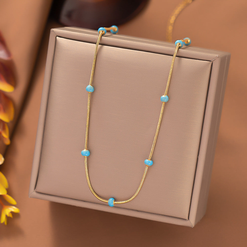 Chic 18K Gold Plated Stainless Steel Enamel Blue Bead Snake Chain Necklace