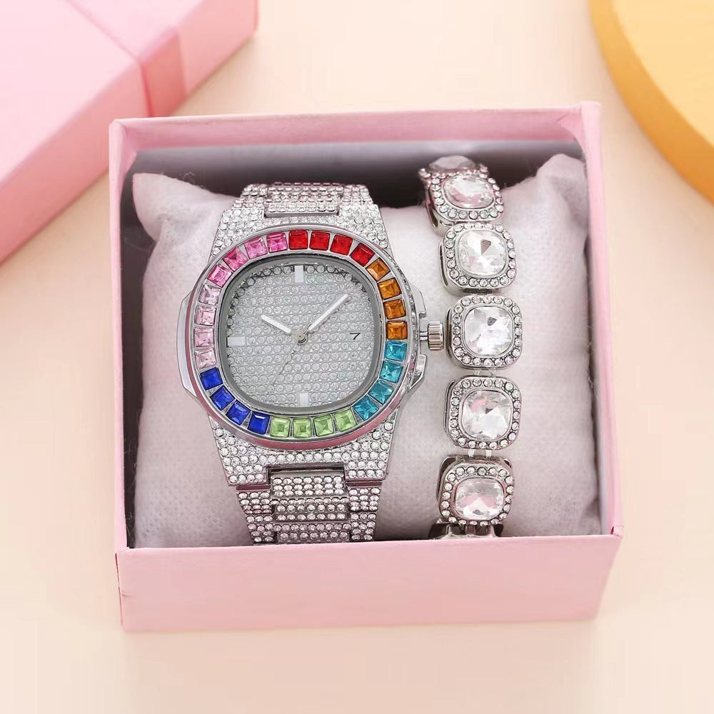 Full Diamond Inlaid Color Diamond Steel Belt Square Belt Calendar Quartz Wrist Watch