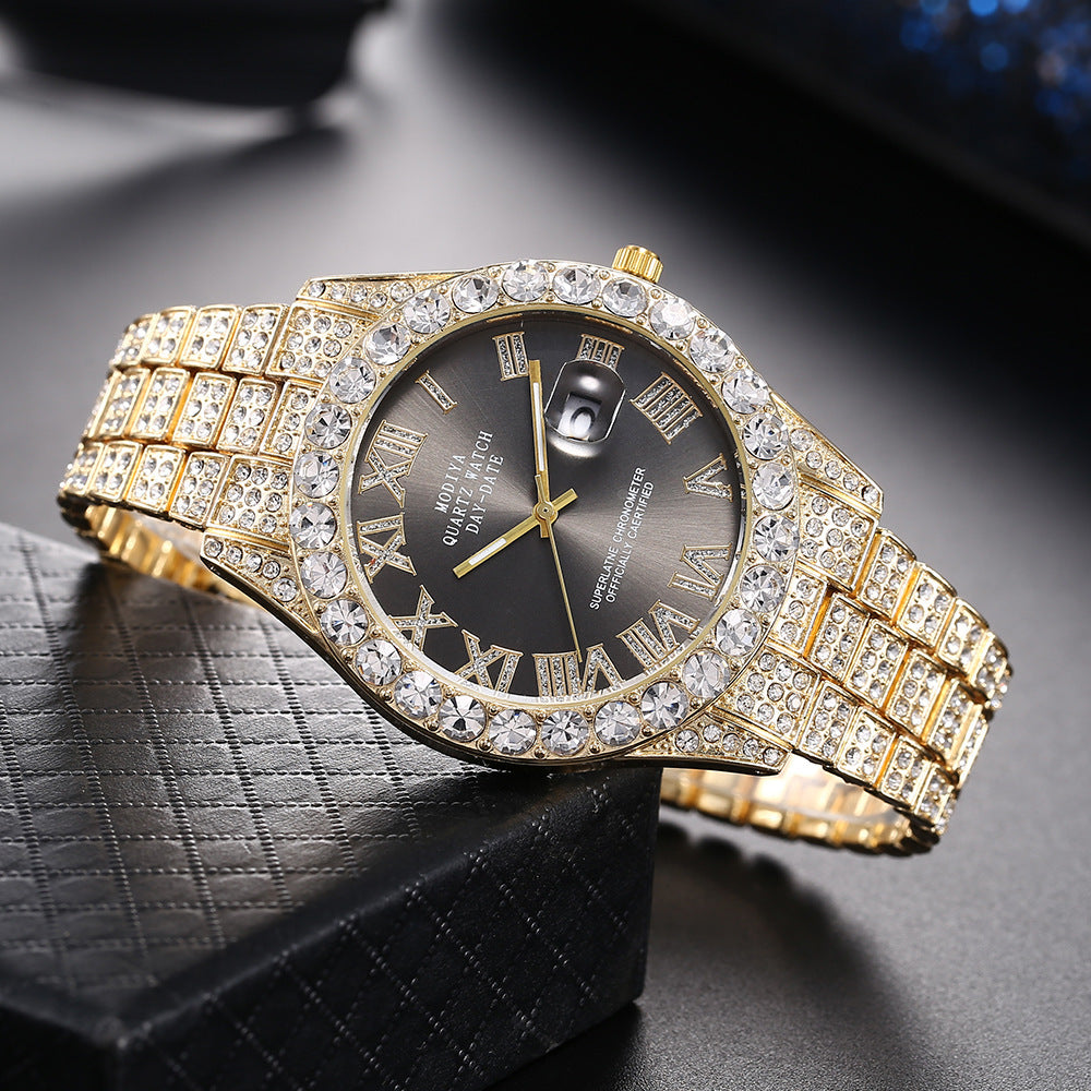 Full Diamond Face Roman Scale Steel Band Watch