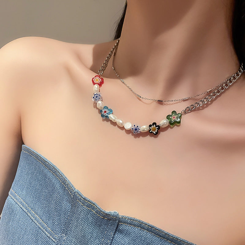 Fashionable Colorful Flower Freshwater Pearl Necklace