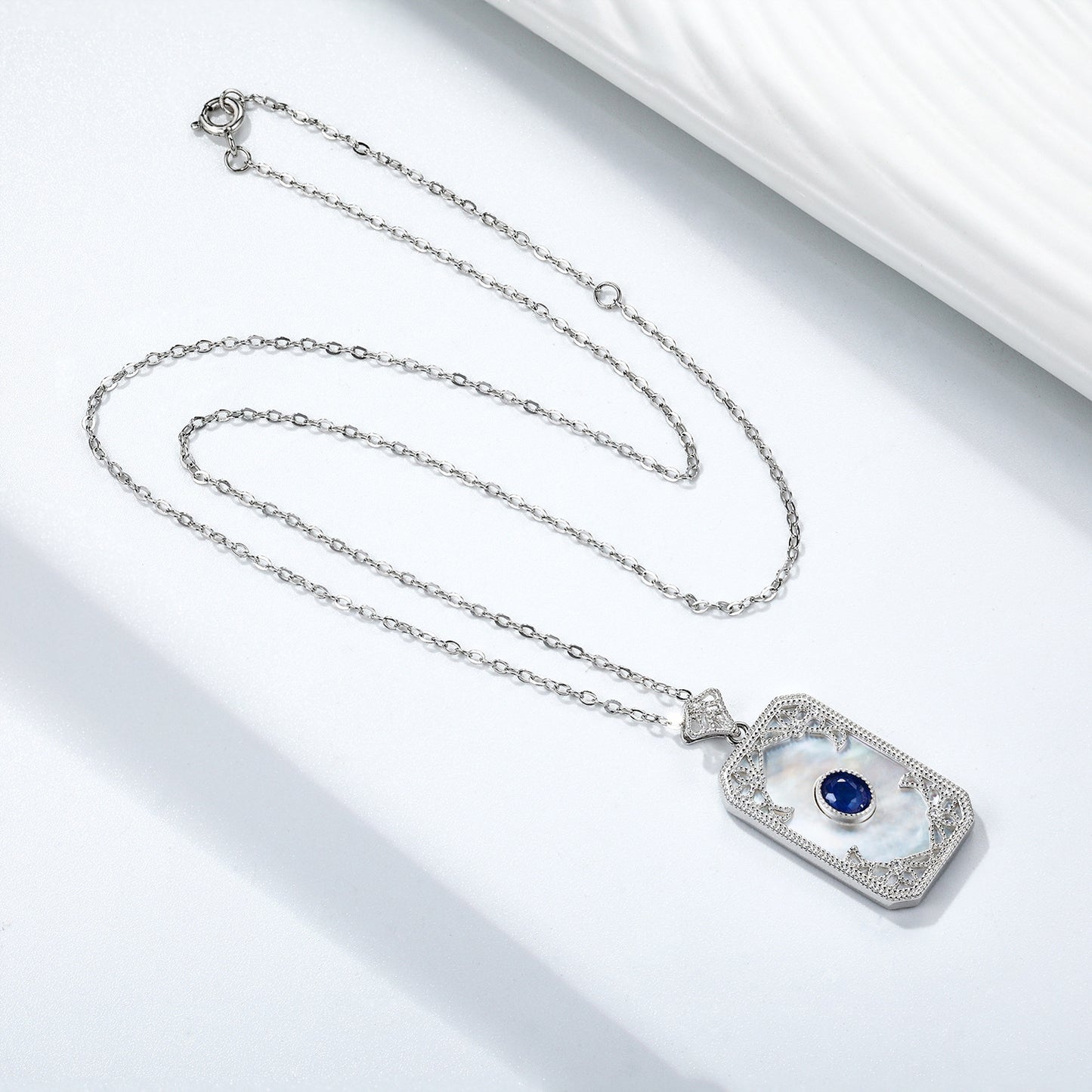 S925 Silver Inlaid Sapphire Necklace With Vintage Pattern Pendant Designed By A Natural Female Belle Pendant