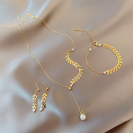 Special-interest Design Wheat Pearl Necklace Earring Bracelet Set