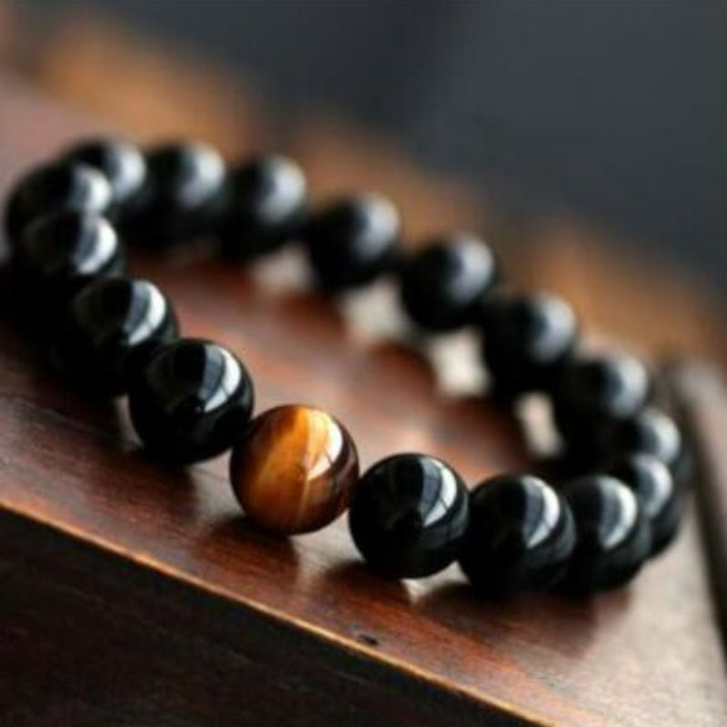 Natural Black Onyx With Stone Tiger Eyes Energy Bracelet