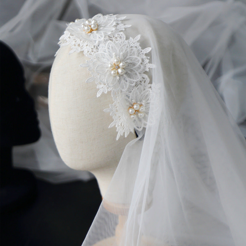 Retro Simple Lace Pearl Short Double Veil