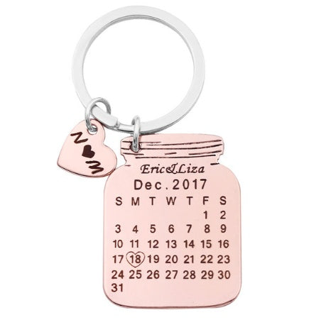 Heart Shaped, Personalized Calendar Keychain Custom Gift Engraved Heart Date Name Stainless Steel Key Chain Graduation Anniversary Birthday