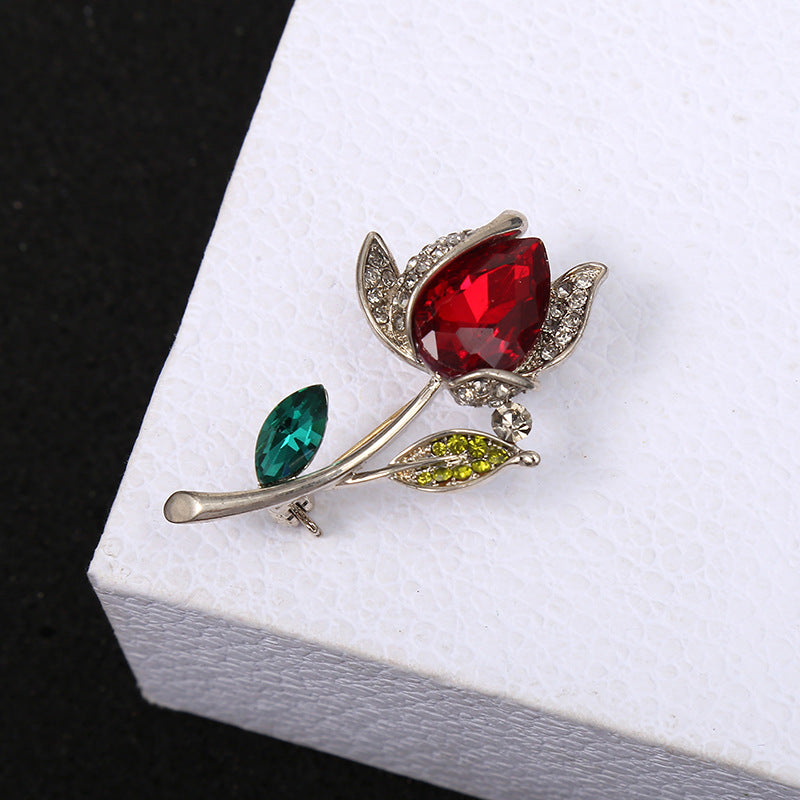 Three-dimensional Rose Flower Rhindiamond-style Brooch Anti-glitter Buckle French Accessories