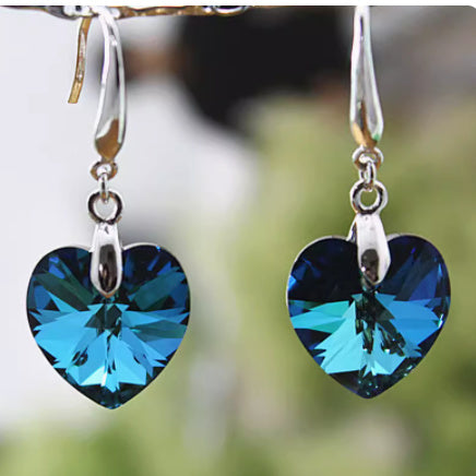 Blue Crystal Heart Dangle Earrings