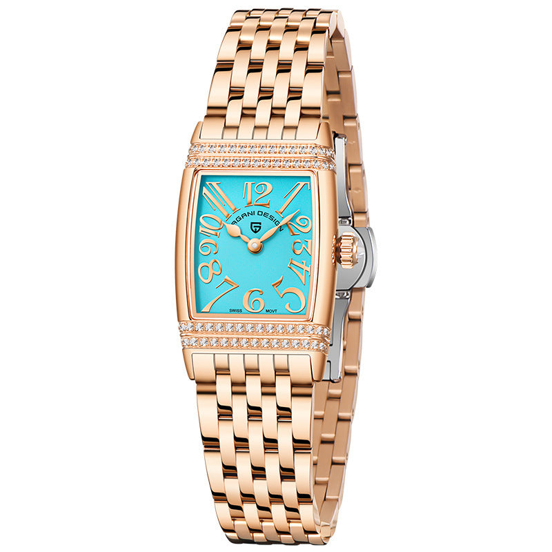 Women's Fashion Shell Face Square Quartz Watch With Diamonds