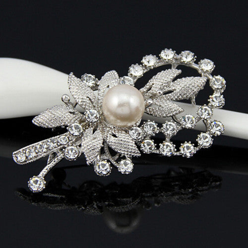 Flower Bow Pearl Rhinestone Brooch