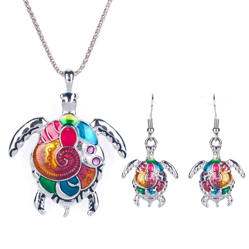 Rainbow Turtle Necklace and Earrings Set