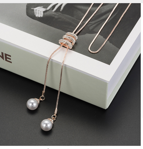 Korea long simple pearl pendant long necklace pendant wild diamond tassel sweater chain female 9302